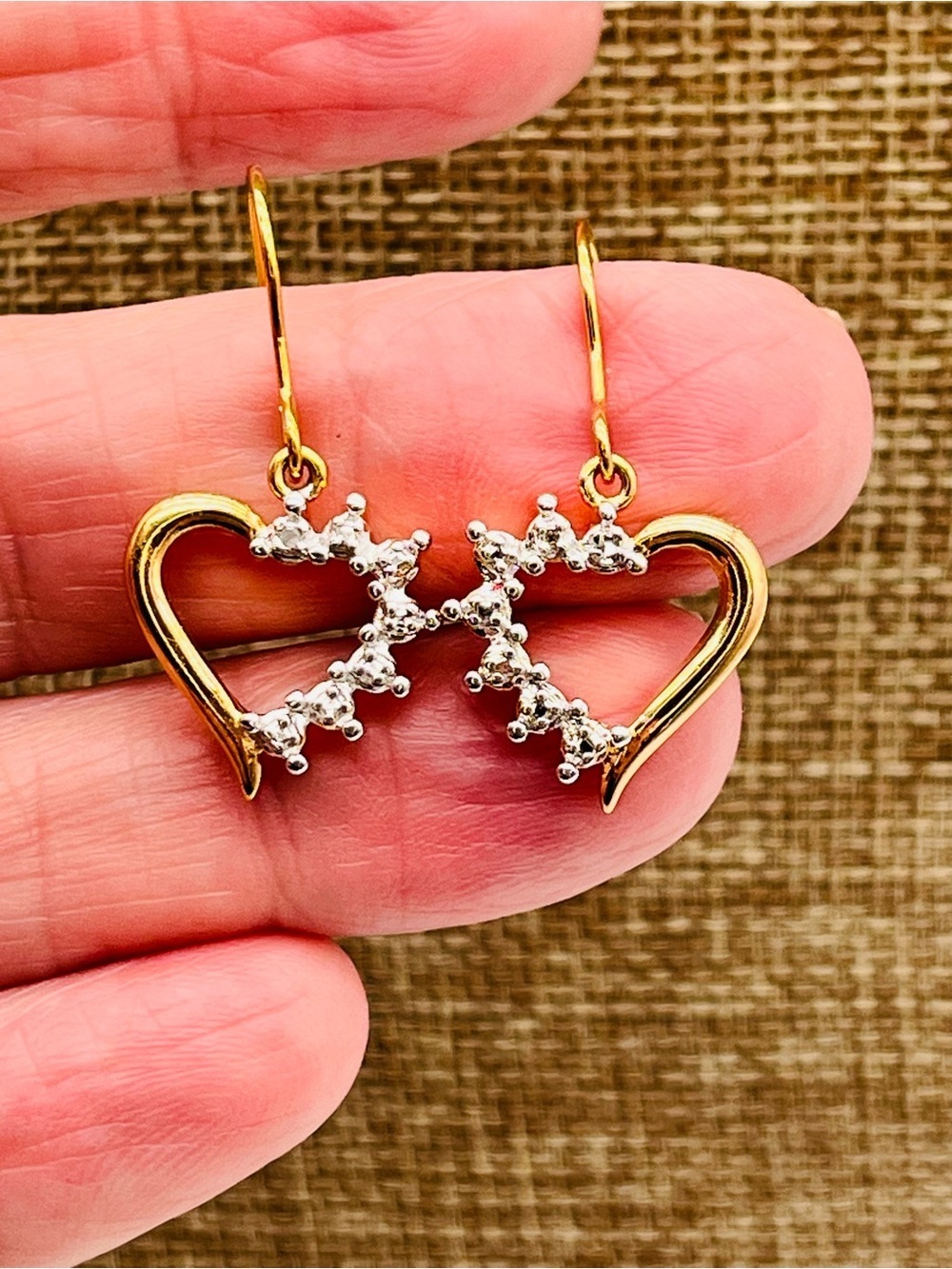 Gold Heart Drop Earrings Rhinestones Clear PAJ Dangle Lightweight Pirced